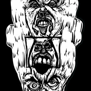 Visual design of the mouth shapes to say the word fuck. Three mouths are morphed into one head. The top mouth says the fff part, the middle mouth sayd the uuu part, and the bottom mouth saya the ckkk part