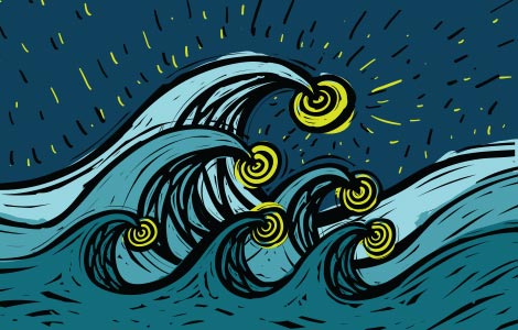 An illustration of a shaka emerges from frothy ocean waves, set against a large yellow sun and an orange background. The text YEAH YEAH in arched, blocky blue letters is positioned above the hands