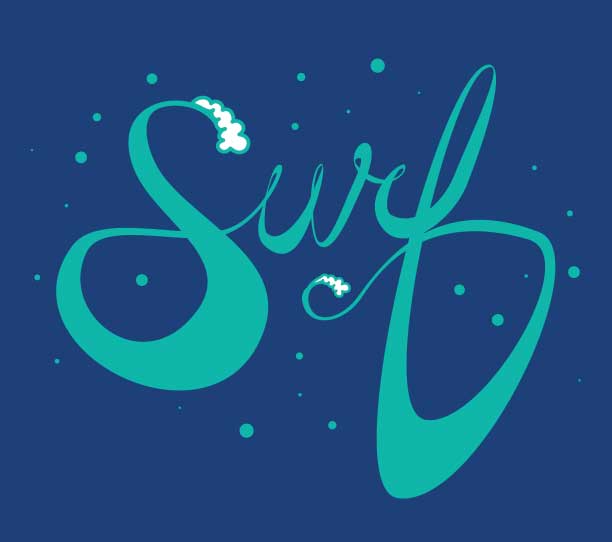 the word Surf is displayed in hand lettered cursive with whitewater on the top of the letter S and the end of the letter f