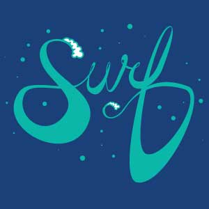 the word Surf is displayed in hand lettered cursive with whitewater on the top of the S and the end of the f