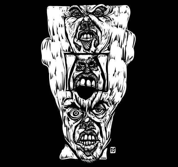 Visual design of the mouth shapes to say the word fuck. Three mouths are morphed into one head. The top mouth says the fff part, the middle mouth sayd the uuu part, and the bottom mouth saya the ckkk part