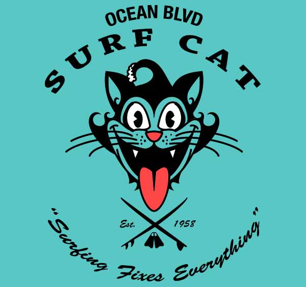 The back of a light gray t-shirt featuring a vintage-style graphic. The central design is a grinning black cat head with its red tongue sticking out. Above the cat, a text arch reads OCEAN BLVD and SURF CAT. Below the cat is a pair of crossed surfboards and Est. 1958. Arced text at the bottom says Surfing Fixes Everything