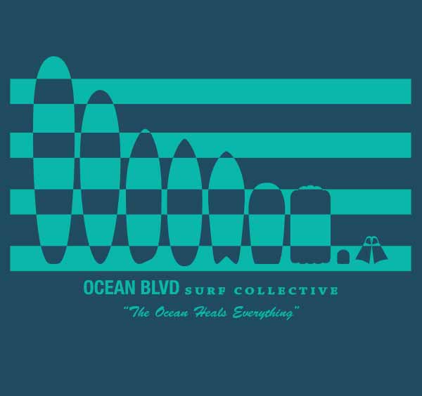 a row of five surfboards, a paipo, and bodyboard, a handplane, and swim fins. The five surfboards are a log, a steep-up, a asymetrical, a shortboard, and a fish-shape.