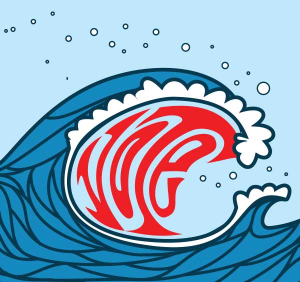 a tote bag with six overlapping waves. Each wave has a glowing cicle at it's crest