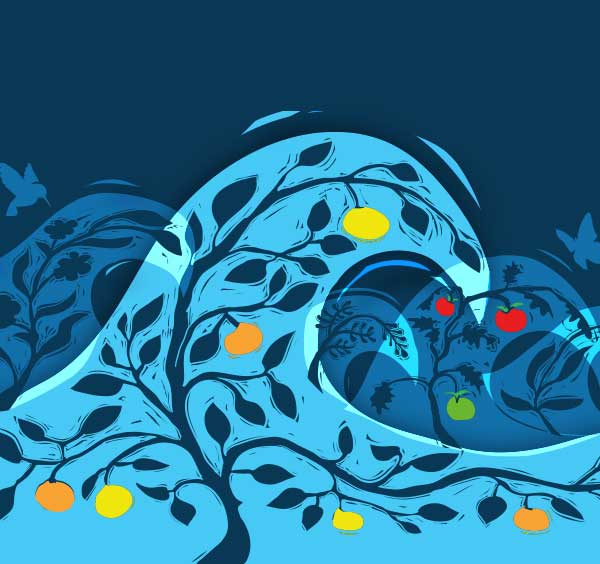 Five waves are breaking to the right. Within each wave is a single plant. From left to right the plants are flowers, fruit tree, herb, tomato plant, and more flowers
