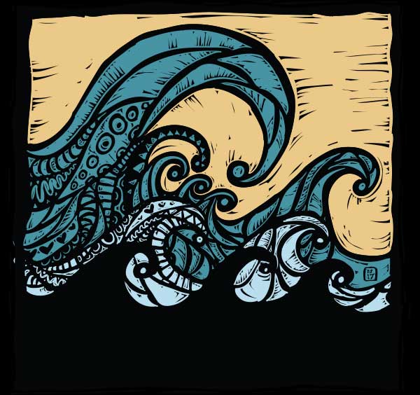 Three rows of waves moving left to right. The closest first row has 3 silhouetted waves. The middle row has 2 light blue colored waves. The row in the back has one big wave and 5 smaller waves, and are aqua in color