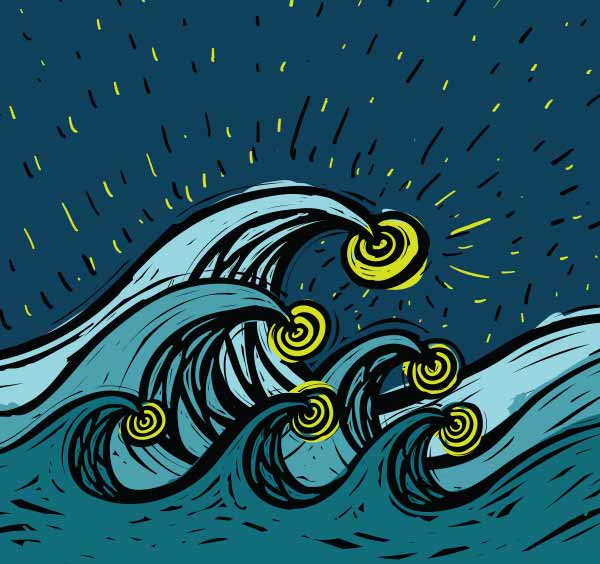 six waves that are breaking to the right. Each wave has a gold cicle at the crest of the wave.