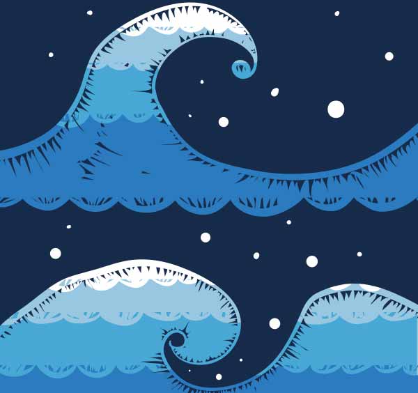 a blue wave is breaking with stars in the sky. Below and at 180 degrees, another wave is breaking; this wave is filled with stars with a waves behind it 