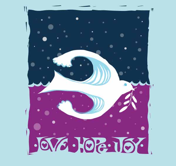 a white dove is flying to the right with an olive branch. The wings are waves that are breaking to the left. At the bottom are the hand-drawn words LoVE HoPe JoY
