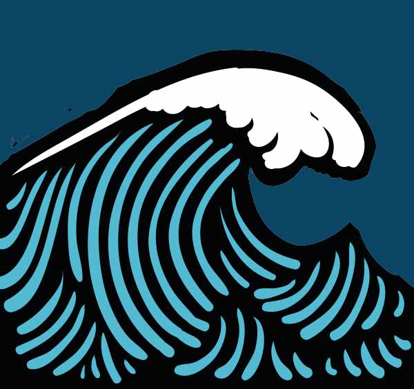 A simplified interpretation of the famous print, the Great Wave off Kanagawa. This still has a woodcut look, but has bold thick lines and color