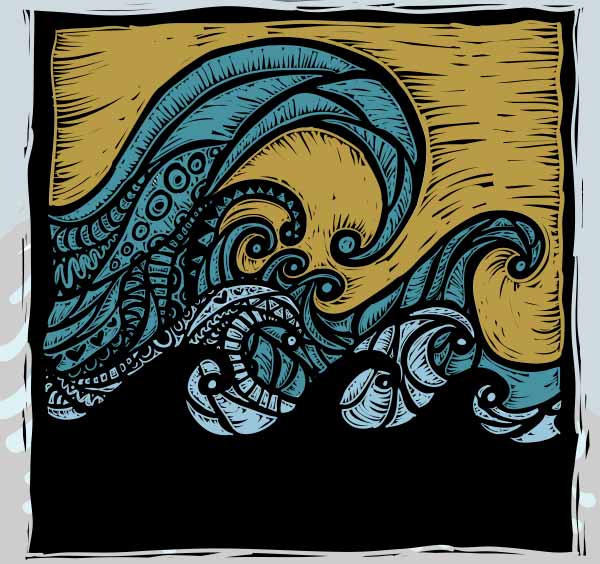 Three rows of waves moving left to right. The closest first row has 3 sillohuetted waves. The middle row has 2 light blue colored waves. The row in the back has one big wave and 5 smaller waves, and are aqua in color.