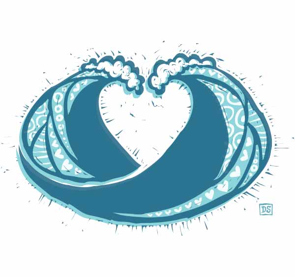 two waves are  breaking toward each other, with their crests about to touch. The negative shape between the waves creates a symbolic heart shape