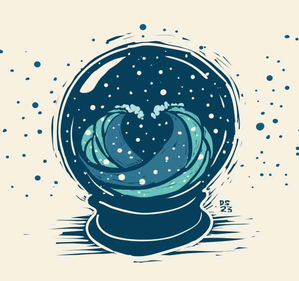 inside a crystal ball, two waves are  breaking toward each other, with their crests about to touch. The negative shape between the waves creates a symbolic heart shape