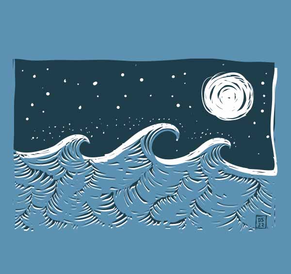 three light blue waves are breaking to the right. A dark blue night sky with stars and a moon. Thw stars, moon and wave highlights are coloted white