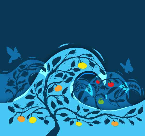 Five waves are breaking to the right. Within each wave is a single plant. From letft to right the plants are flowers, fruit tree, herb, tomato plant, and more flowers