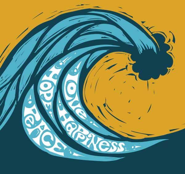 a single blue wave with an orange background has the hand-drawn words of LoVe HaPpiNeSS HoPE PeAcE within the folds of the wave face