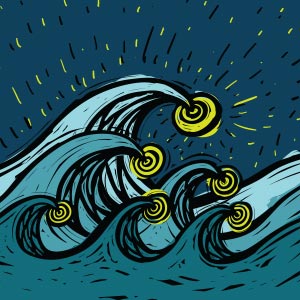 six waves that are breaking to the right. Each wave has a gold cicle at the crest of the wave.