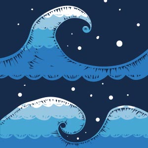 a blue wave is breaking with stars in the sky. Below and at 180 degrees, another wave is breaking; this wave is filled with stars with a waves behind it 