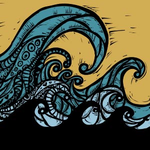 Three rows of waves moving left to right. The closest first row has 3 silhouetted waves. The middle row has 2 light blue colored waves. The row in the back has one big wave and 5 smaller waves, and are aqua in color.