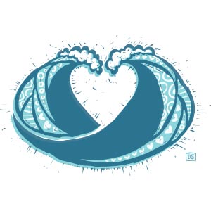 two waves are  breaking toward each other, with their crests about to touch. The negative shape between the waves creates a symbolic heart shape