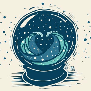 inside a crystal ball, two waves are  breaking toward each other, with their crests about to touch. The negative shape between the waves creates a symbolic heart shape