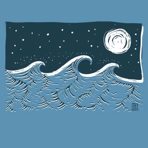 three light blue waves are breaking to the right. A dark blue night sky with stars and a moon. Thw stars, moon and wave highlights are coloted white