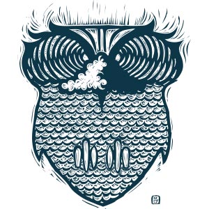 an owl design is created though different aspects of waves and ocean. The head, eyes, and beak are created with a straightforward view of a crashing wave. The feathers are creating with repeating texture of wave chop, and the claws are creating by displaying differnt surfboard shapes