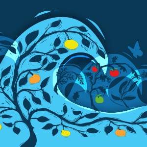 Five waves are breaking to the right. Within each wave is a single plant. From left to right the plants are flowers, fruit tree, herb, tomato plant, and more flowers