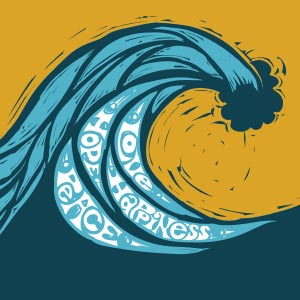 a single blue wave with an orange background has the hand-drawn words of LoVe HaPpiNeSS HoPE PeAcE within the folds of the wave face